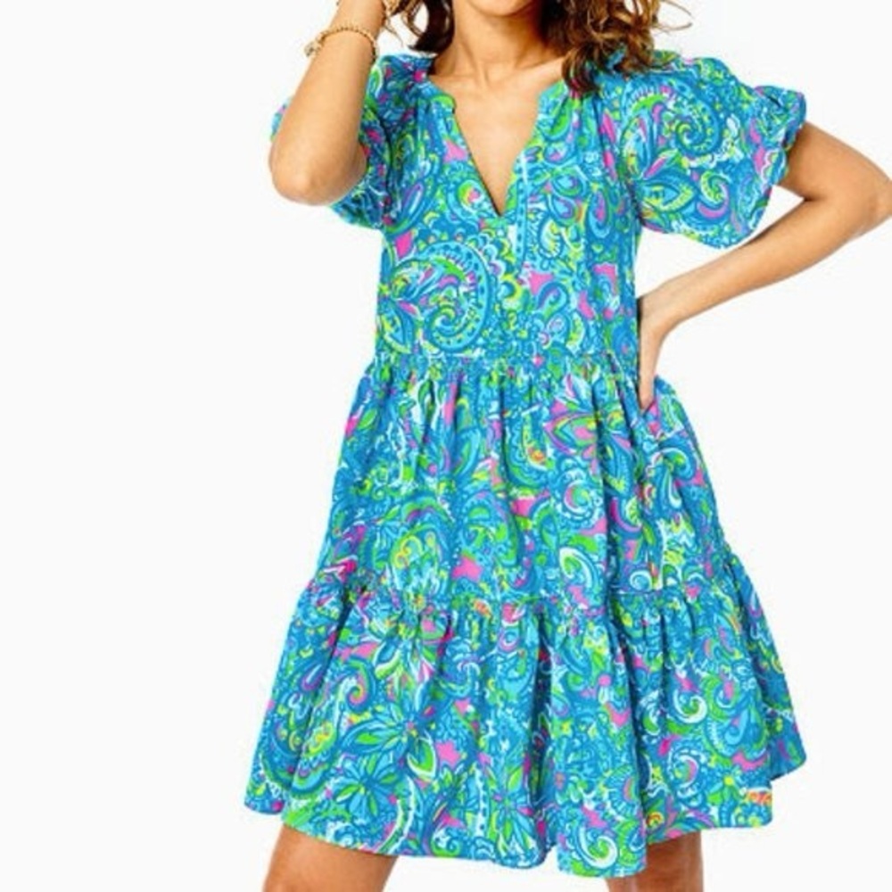 Lilly Pulitzer Blue and Green Tiered Ruffled Sundress size XS